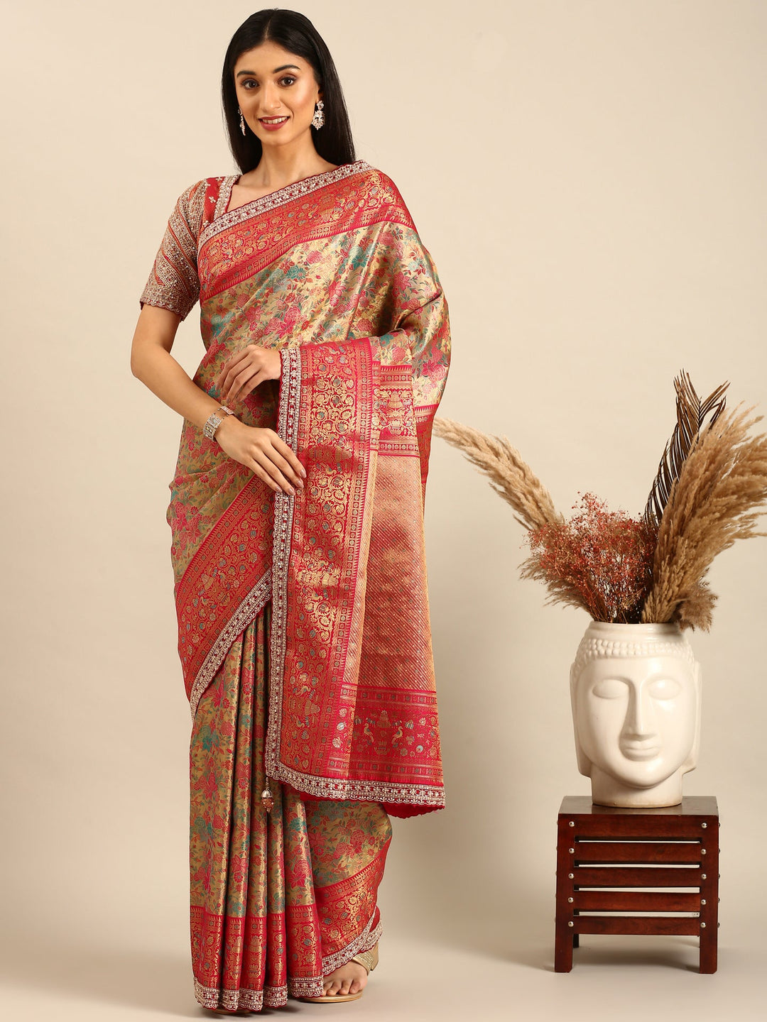 Neerus Gold Banarasi hand embroidered saree with meenakari jaal border - detail view 1