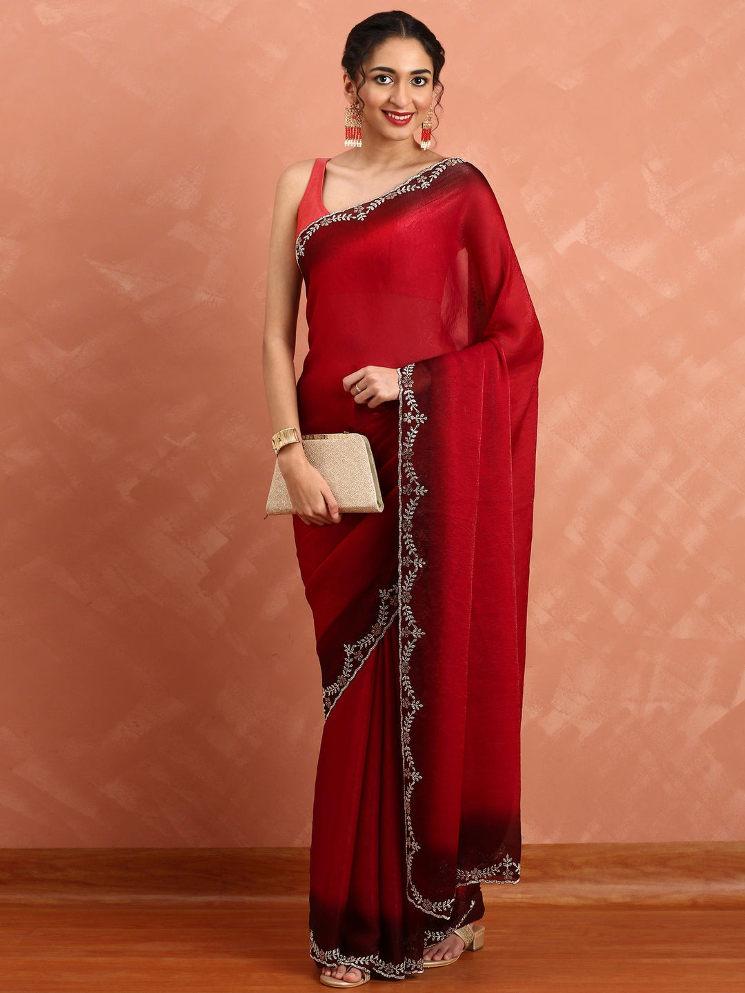 Neerus Red tissue hand embroidered saree - detail view 1