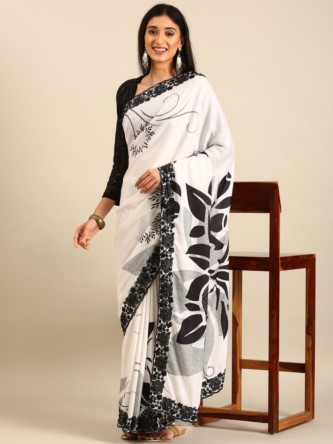 Neerus Black satin hand embroidered printed saree - detail view 1