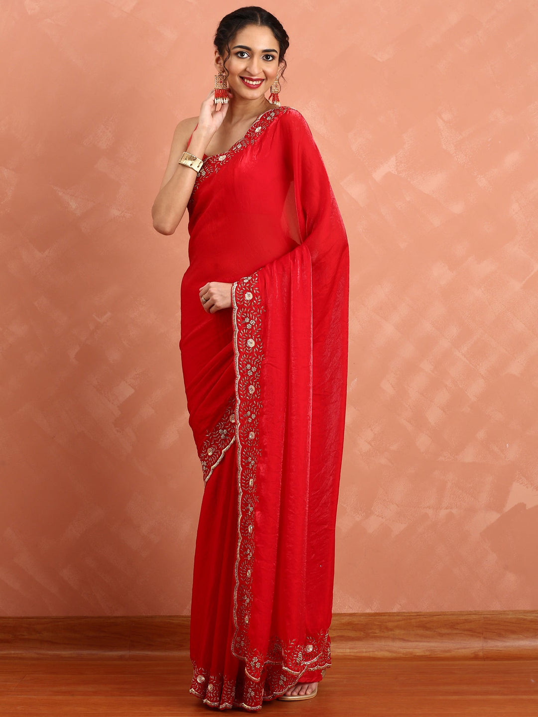 Neerus Red hand embroidered saree with Swarovski stones - detail view 1