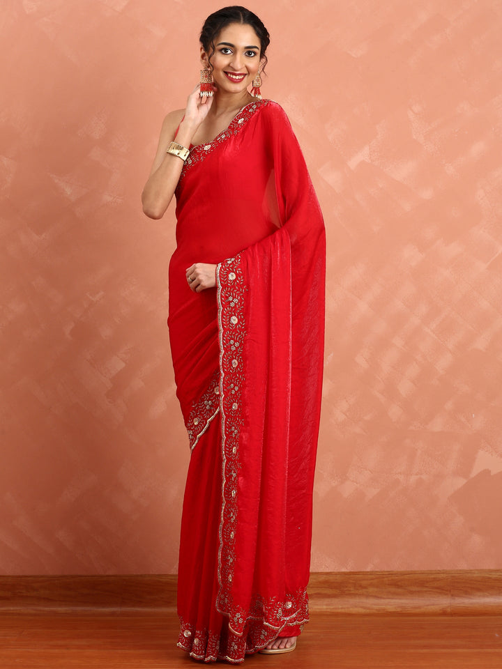 Neerus Red hand embroidered saree with Swarovski stones - detail view 1