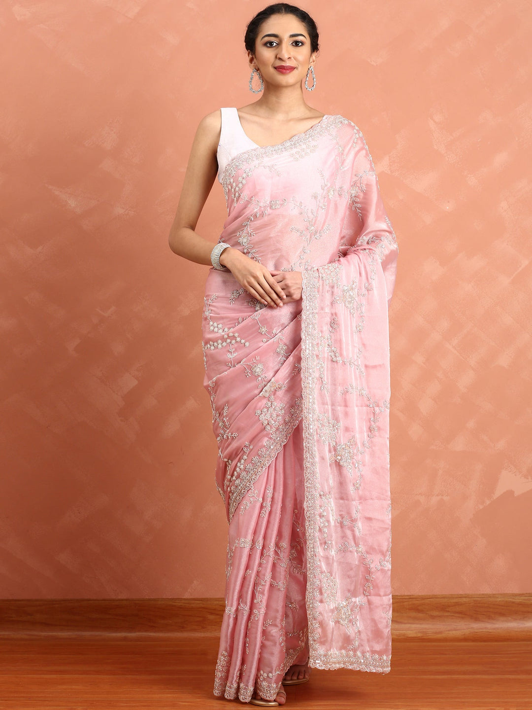 Neerus Pink satin hand embroidered saree - front view