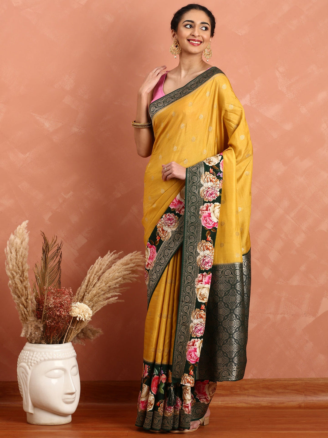 Neerus Yellow Banarasi woven saree with floral print and zari border - back view