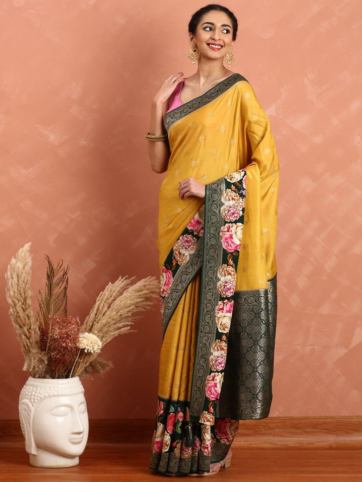 Neerus Yellow Banarasi woven saree with floral print and zari border - back view