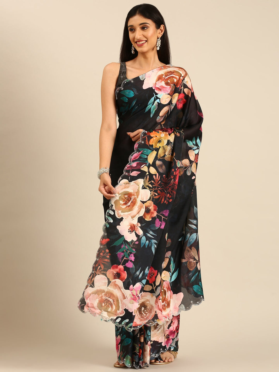 Neerus Black satin embellished saree with floral print - detail view 1