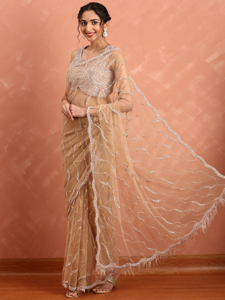 Neerus Pink net hand embroidered saree with Swarovski blouse - detail view 1