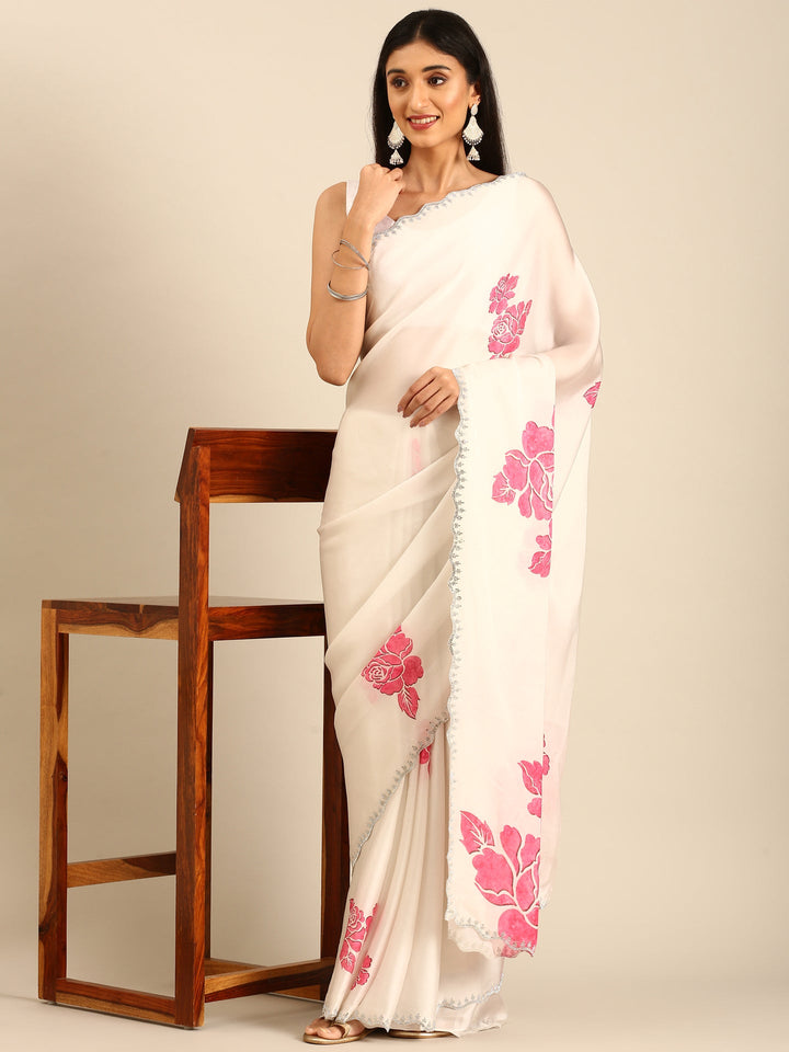 Cream Satin Saree With Pink Printed Motifs With Swarovski Embroidery