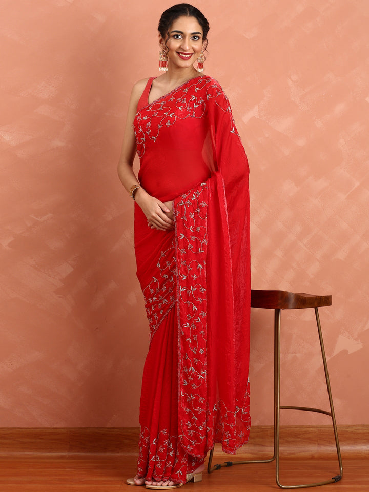 Neerus Red hand embroidered Jimmy saree with cut dana embellishments - detail view 1