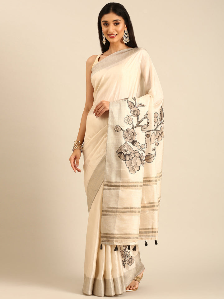 Neerus White raw silk printed saree with floral motif - back view