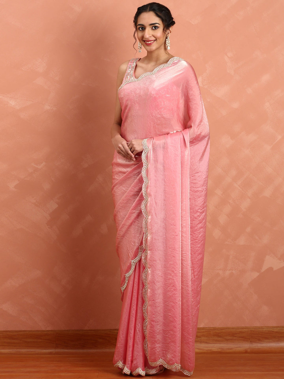 Neerus Pink tissue embellished saree with pearl cut dana embroidery - detail view 1
