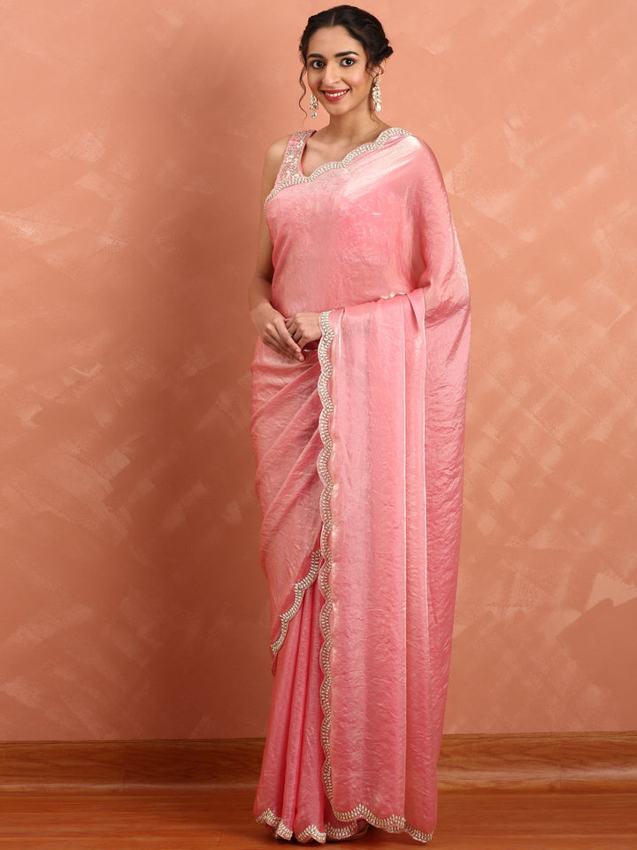 Neerus Pink tissue embellished saree with pearl cut dana embroidery - detail view 1