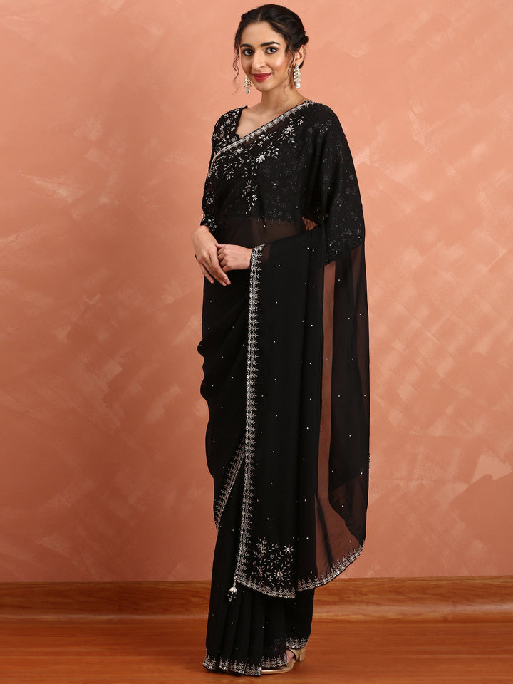 Neerus Black organza hand embroidered saree - detail view 1