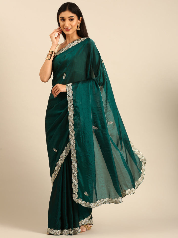 Green shimmer tissue saree with cut Dana & Swarovski embroidery