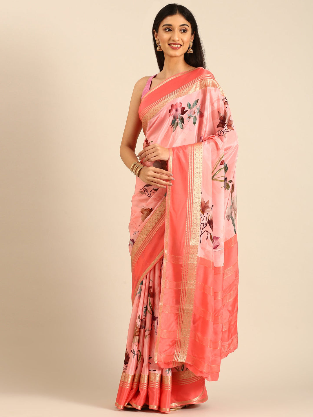 Neerus Pink crepe woven saree with zari border - detail view 1