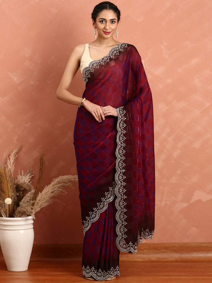 Maroon jacquard satin organza saree with hand embroidery