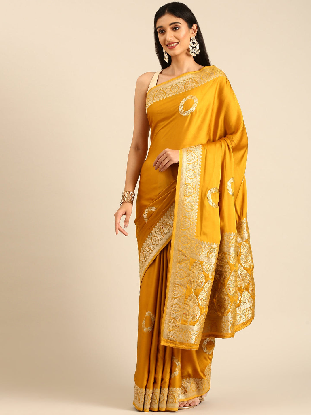 Neerus Yellow Banarasi woven saree with zari border - detail view 1