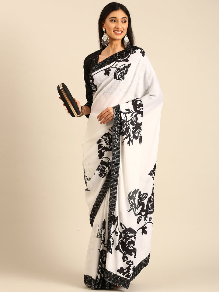 Black & White Satin Printed Saree With Hand Embroidery & Readymade Blouse