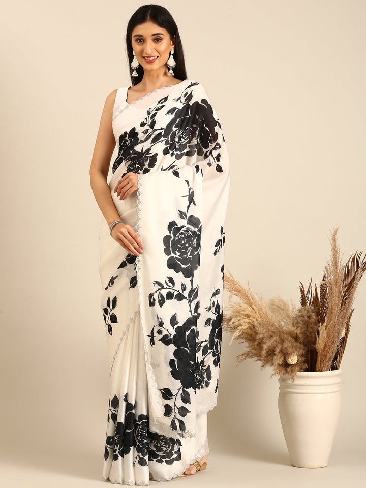 Black & White Floral Printed Satin Saree With Swarovski Embroidery