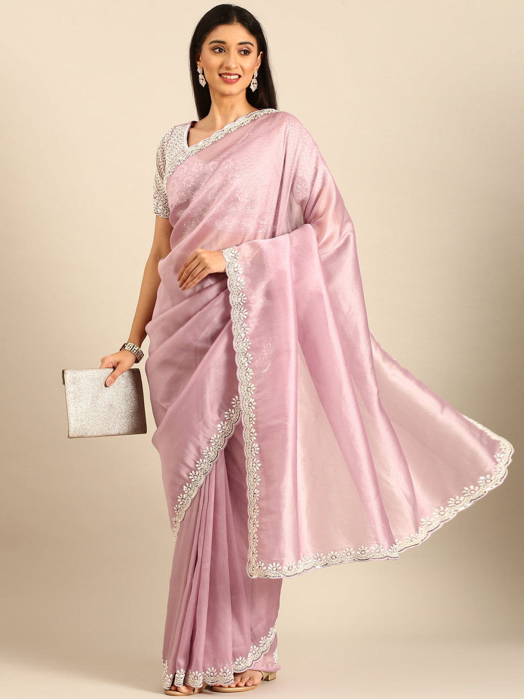 Neerus Purple tissue embellished saree with readymade blouse - detail view 1