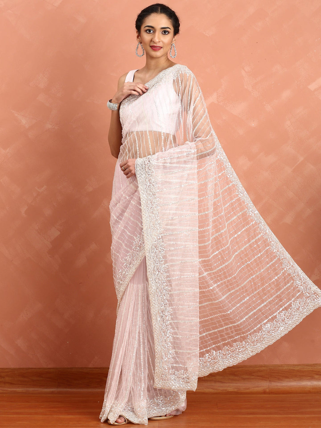 Neerus Pink net hand embroidered saree - detail view 1
