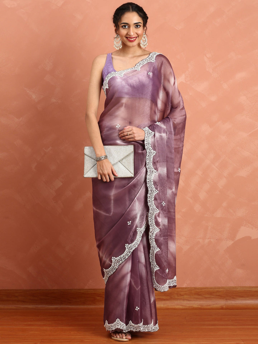 Neerus Pink organza hand embroidered saree - front view