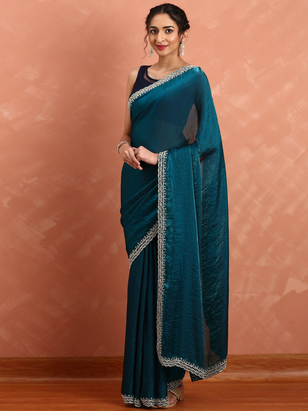 Neerus Blue Jimmy embellished saree with pearl and cut Dana embroidery - front view