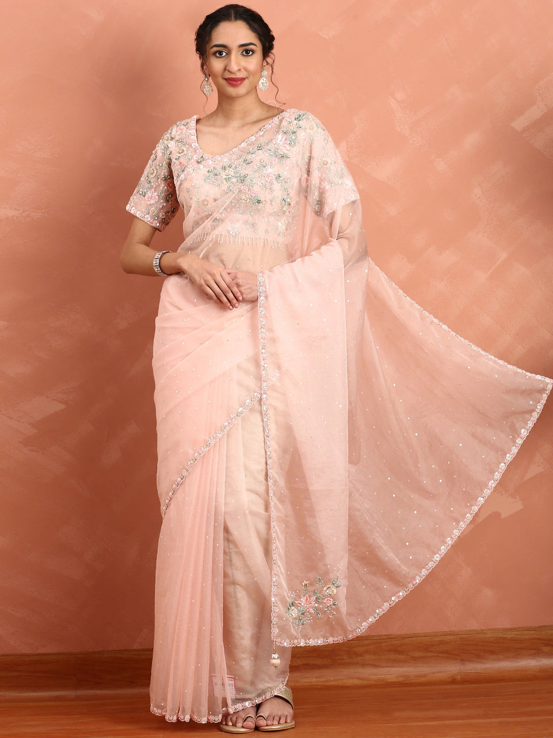Neerus Orange organza embroidered saree - detail view 1