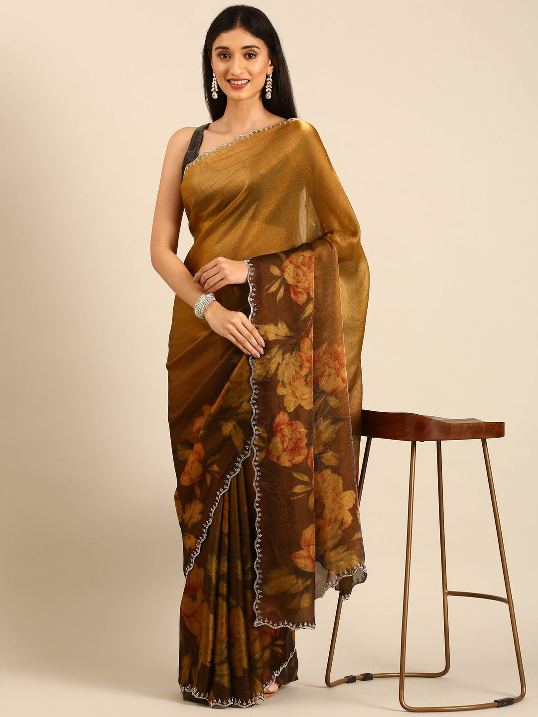 Neerus Gold tissue embellished saree with floral print - detail view 1