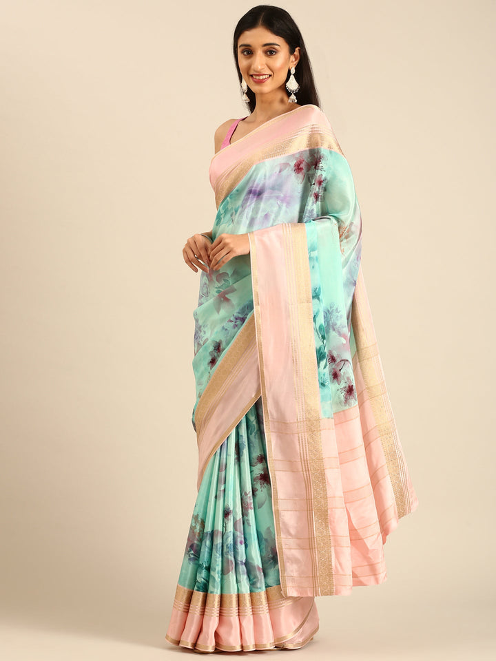 Neerus Blue Crepe Woven Saree with Zari Border - detail view 1