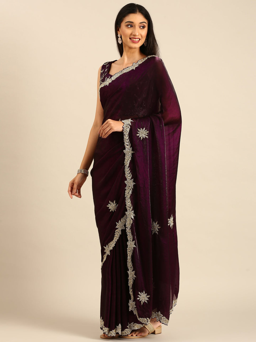 Neerus Maroon tissue embellished saree - detail view 1