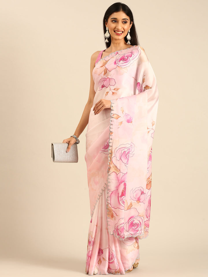 Pink satin floral printed saree with Swarovski embroidery