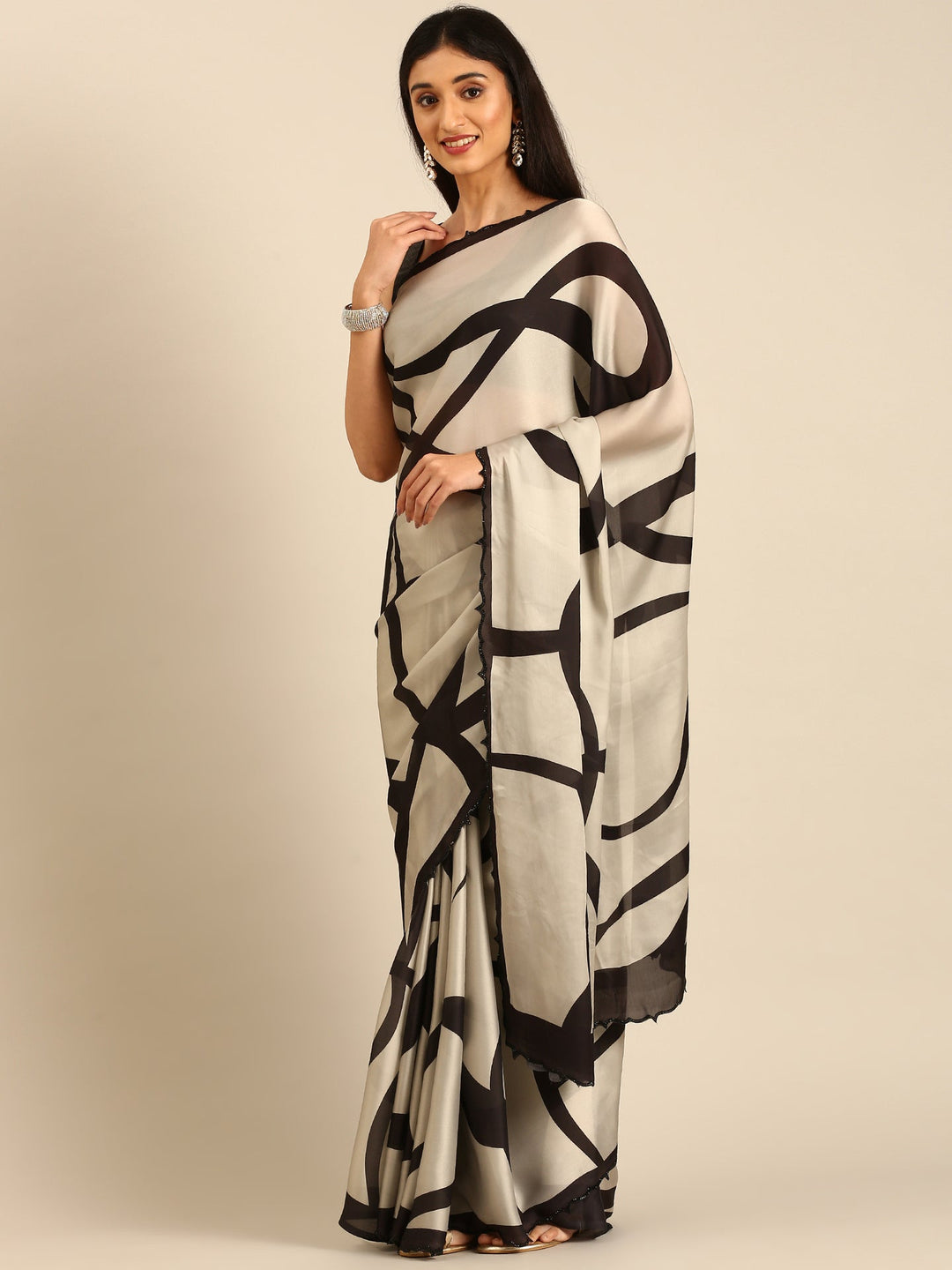 Neerus Black satin embellished saree printed - detail view 1