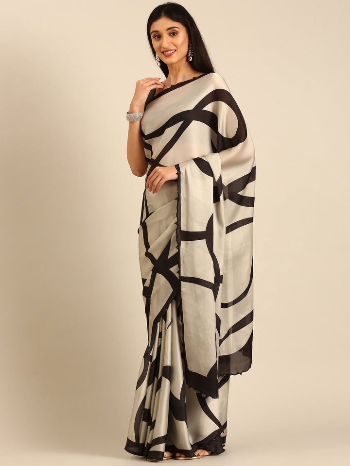Neerus Black satin embellished saree printed - detail view 1