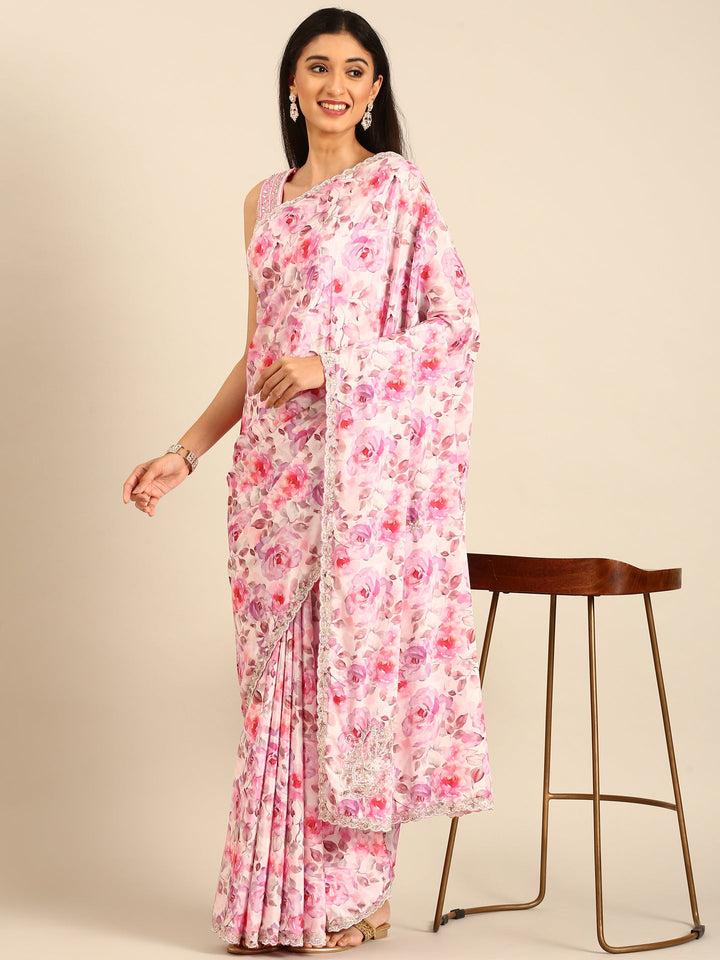 Pink floral printed satin saree with pearls & sequins embroidery with heavy ready made blouse