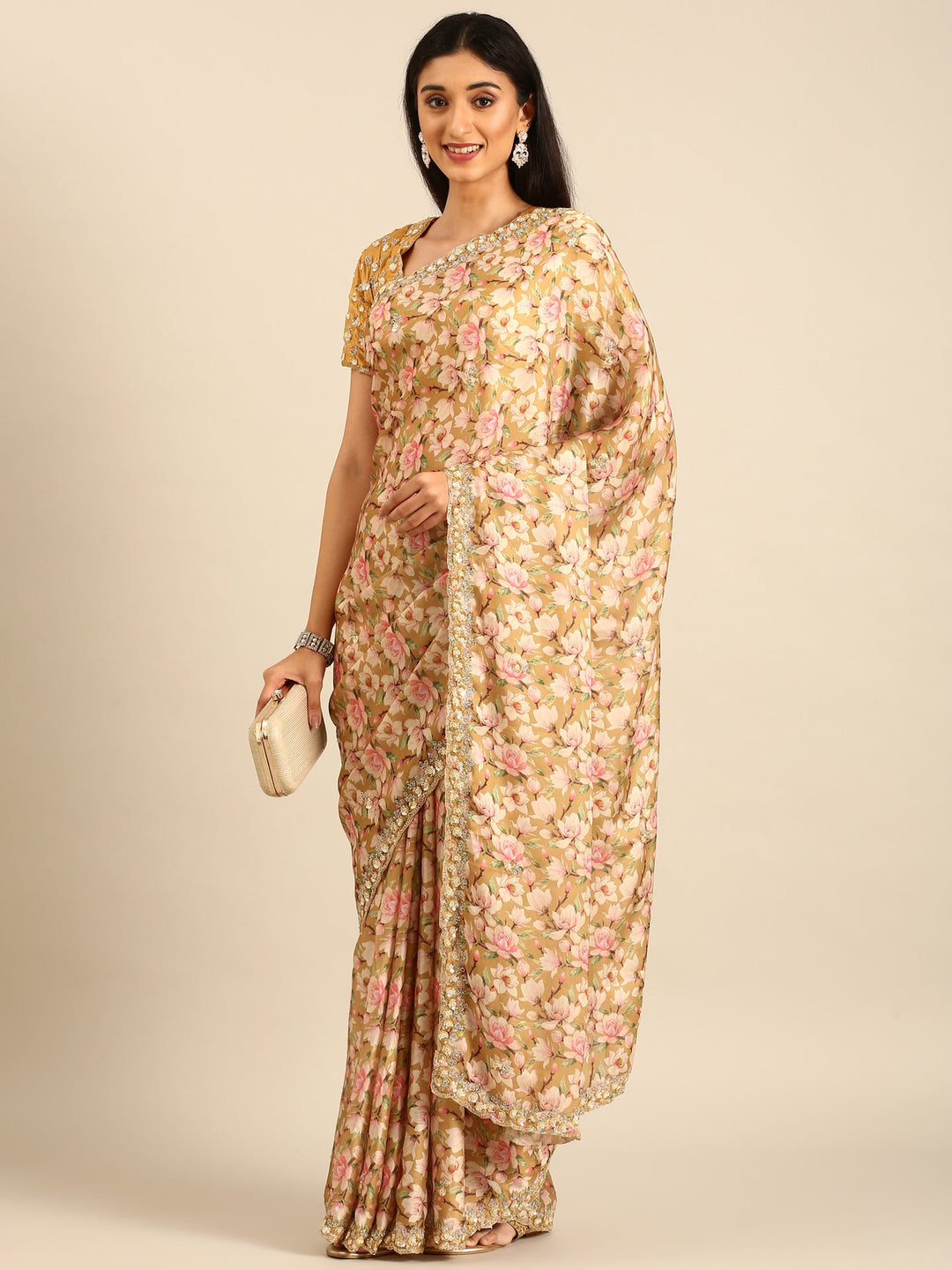 Neerus Yellow satin embellished saree with readymade blouse - detail view 1