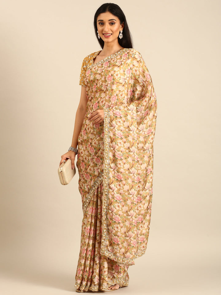 Neerus Yellow satin embellished saree with readymade blouse - detail view 1