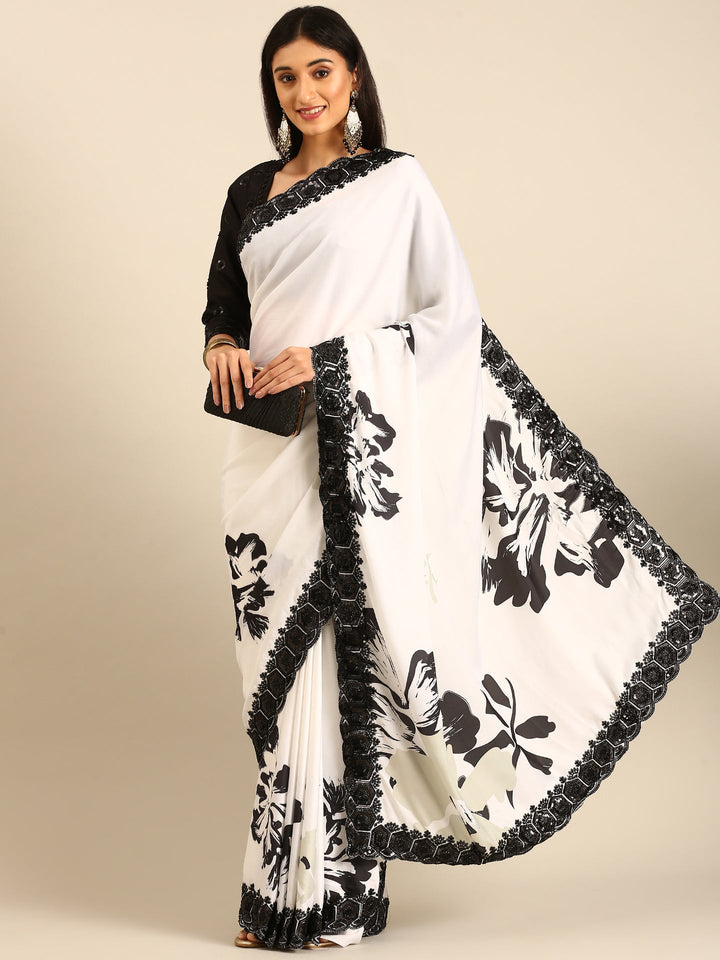 Neerus Black satin hand embroidered printed saree - front view
