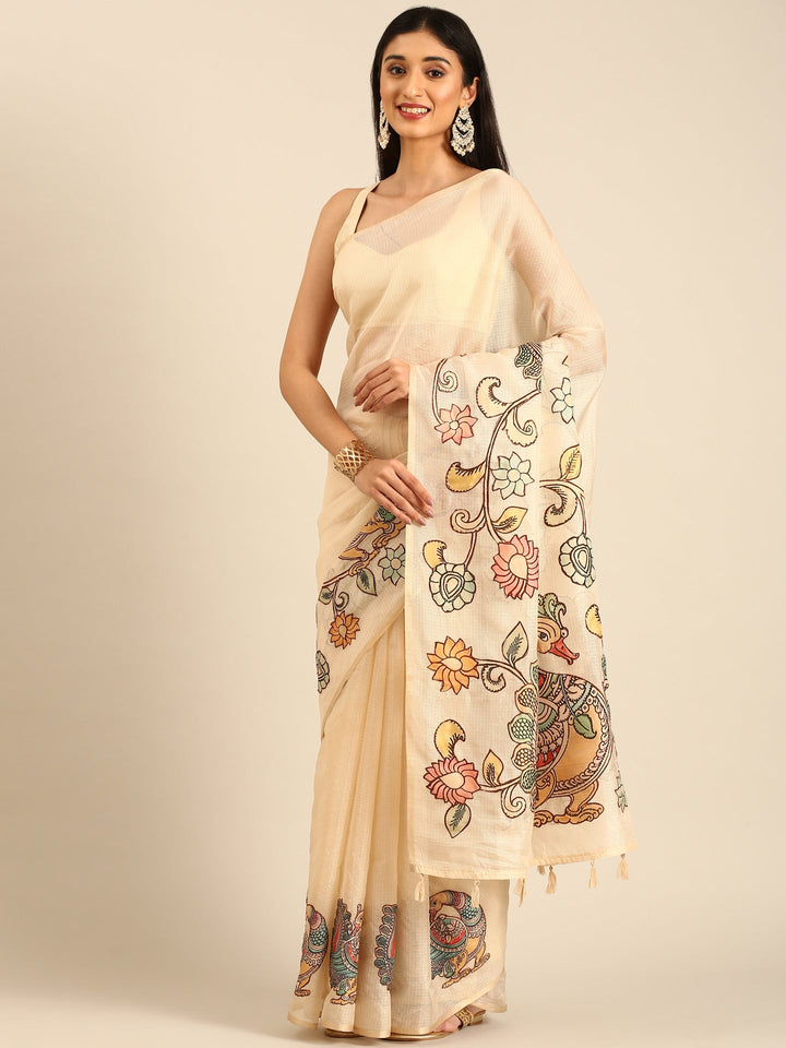 Neerus Beige Kota embellished saree with kalamkari applique pallu - detail view 1