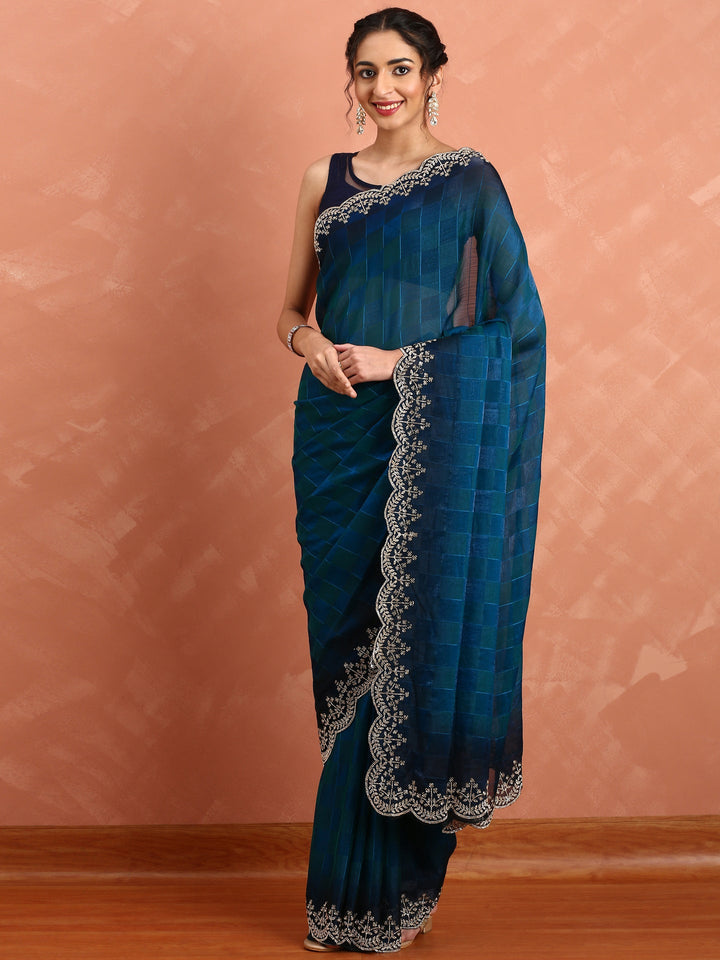 Neerus Blue organza hand embroidered saree - detail view 1