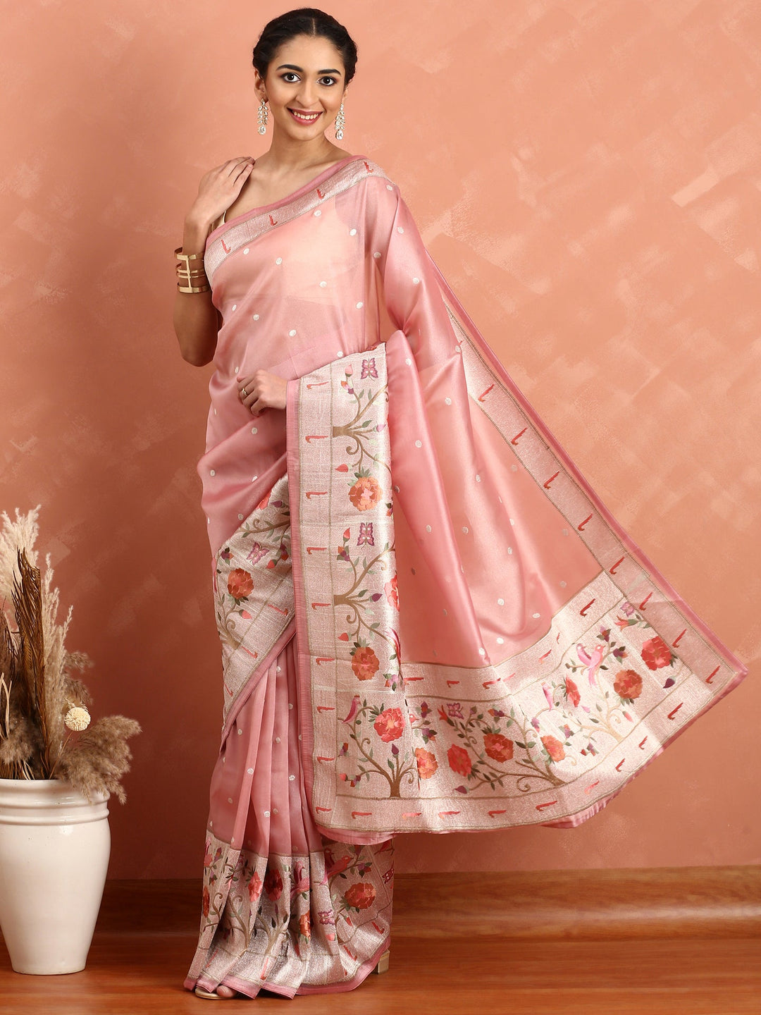 Neerus Pink Banarasi silk woven saree with Meena border - detail view 1