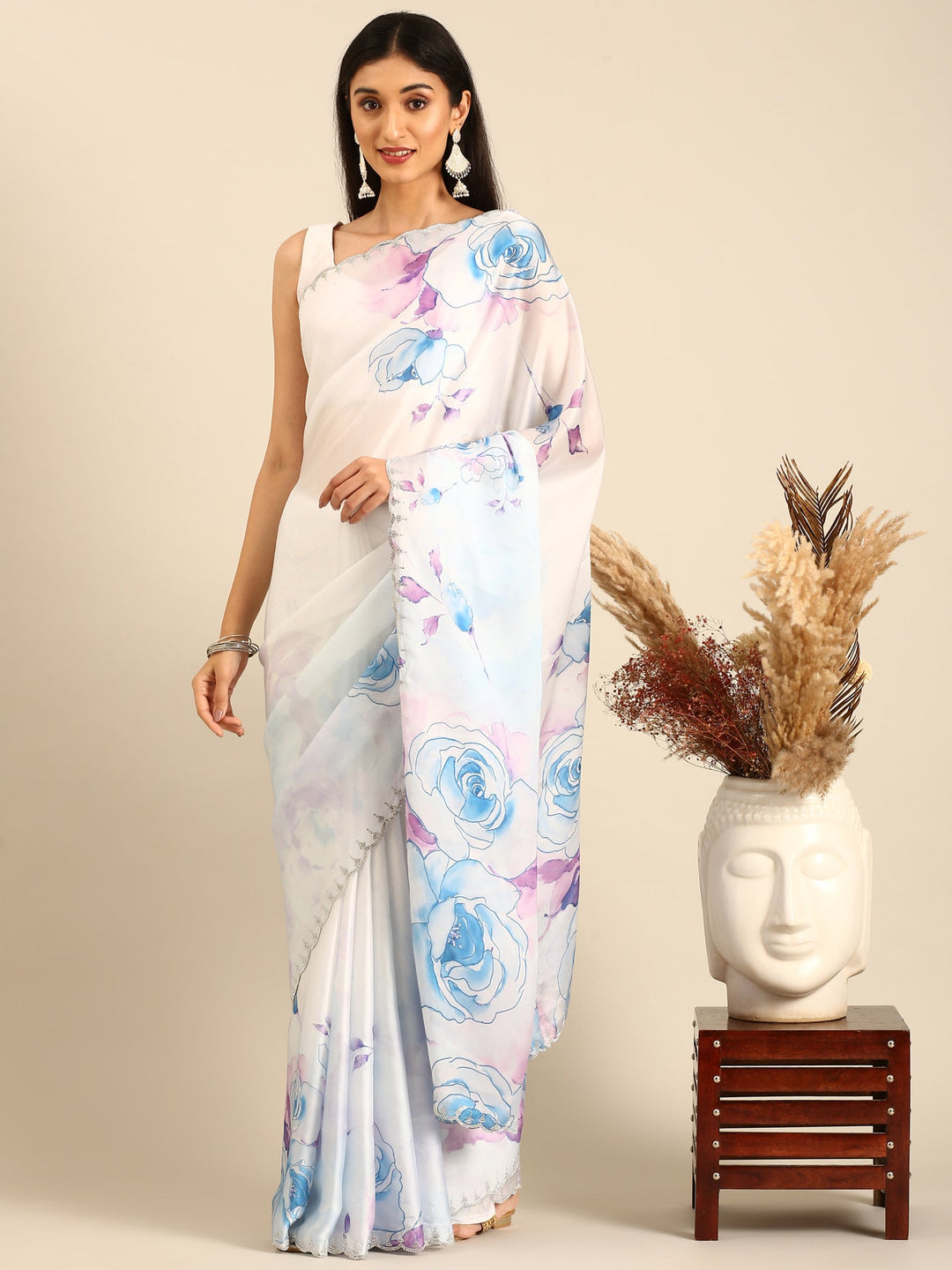 Neerus Blue Satin Embellished Floral Printed Saree - detail view 1