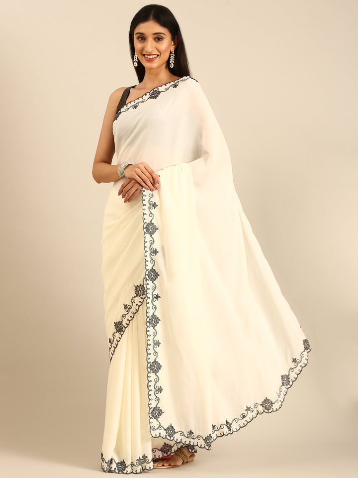 Neerus Beige satin embellished saree with Swarovski border - detail view 1