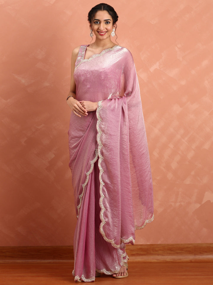 Neerus Pink tissue embellished saree with stones and cut dana embroidery - detail view 1