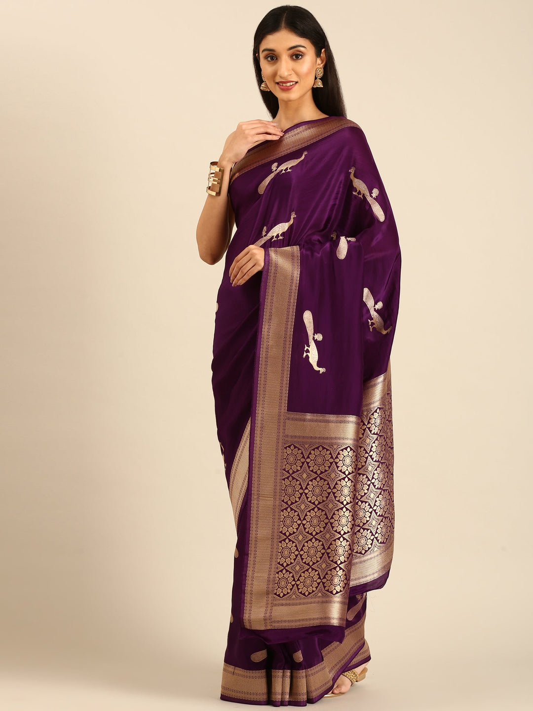Neerus Maroon Banarasi woven saree with peacock motifs and zari border - detail view 1