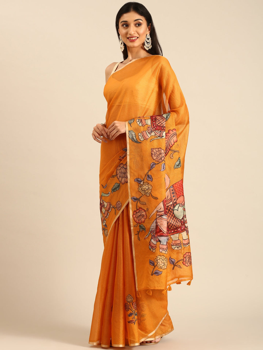 Neerus Yellow Kota Kalamkari appliqué saree - detail view 1