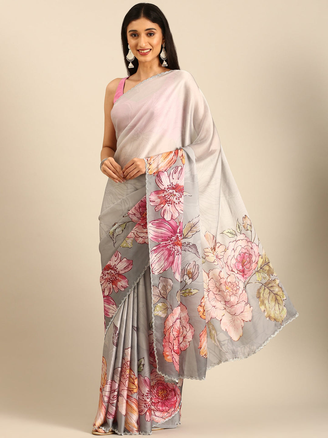 Neerus Satin floral embellished saree - detail view 1