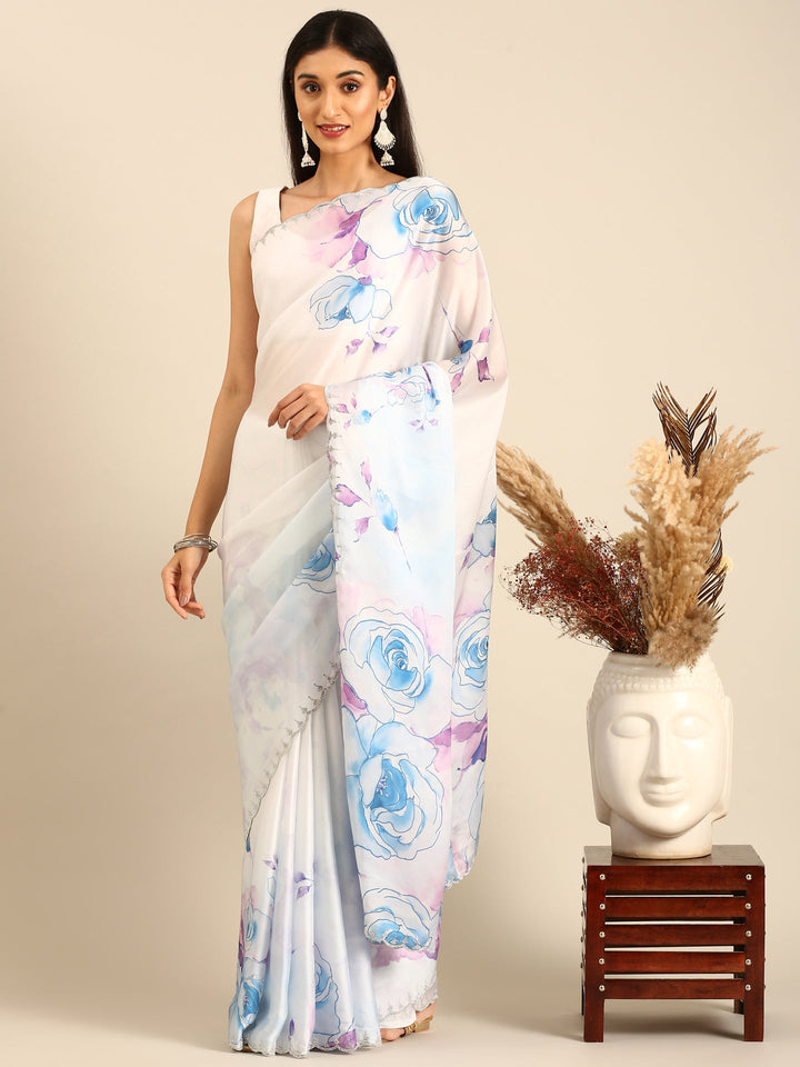 Blue satin floral printed saree with Swarovski embroidery