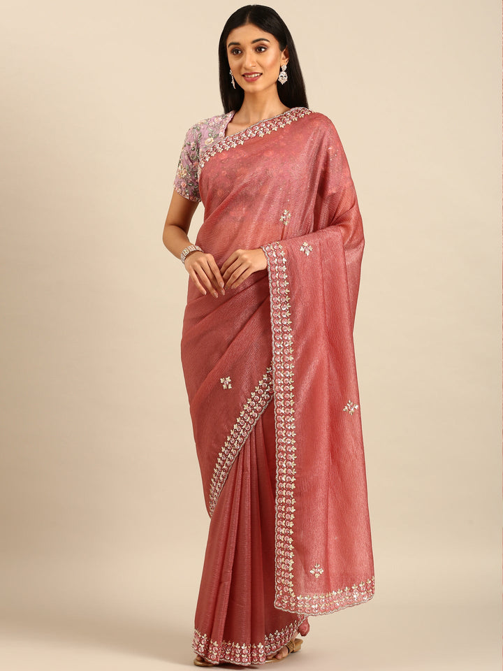 Neerus Pink tissue embellished saree with sequins and pearls - detail view 1