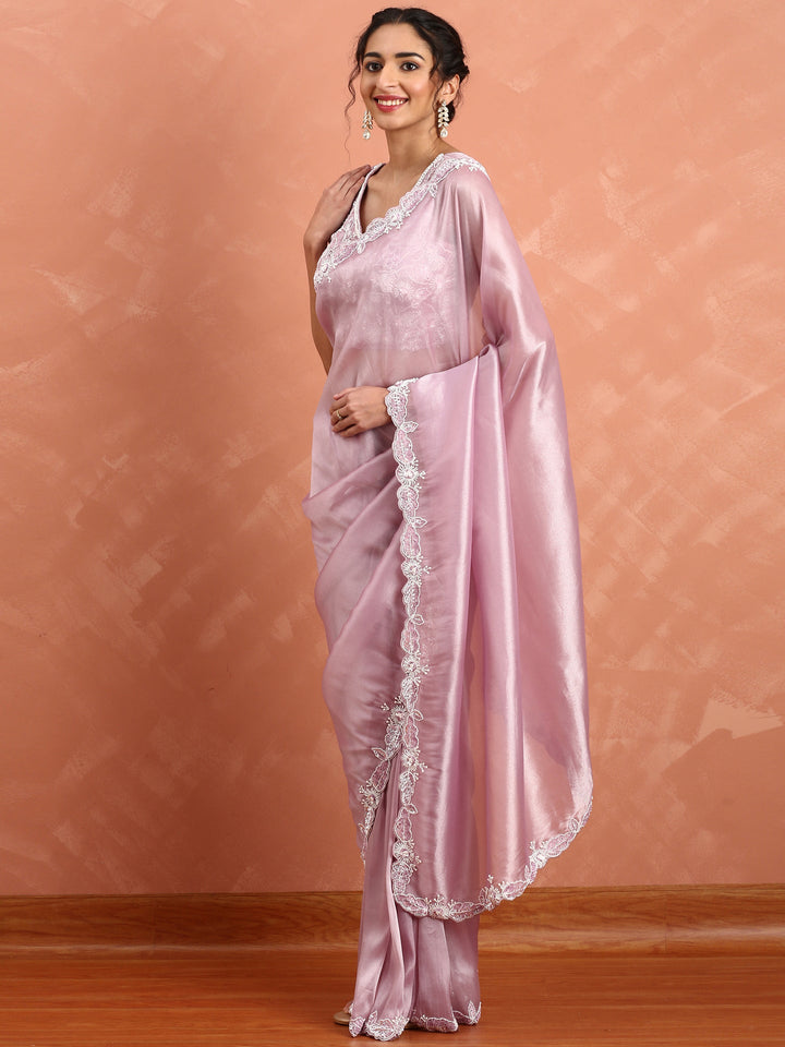 Lilac Jimmy satin tissue saree with pearls & sequin embroidery with ready made blouse