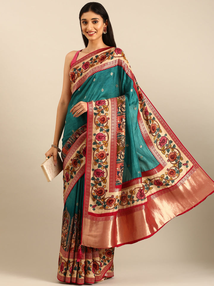 Neerus Green Banarasi printed saree with Kalamkari border - detail view 1